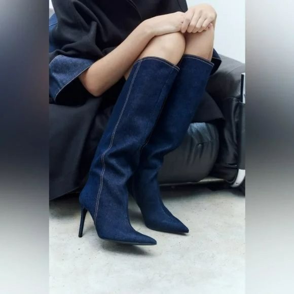 ZARA HEELED DENIM KNEE HIGH BOOTS NWT - Picture 10 of 11